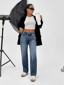 100% Cotton LOW RISE  STRAIGHT FIT VINTAGE WASH Y2K STYLE JEAN - Dusty Blue - View 4