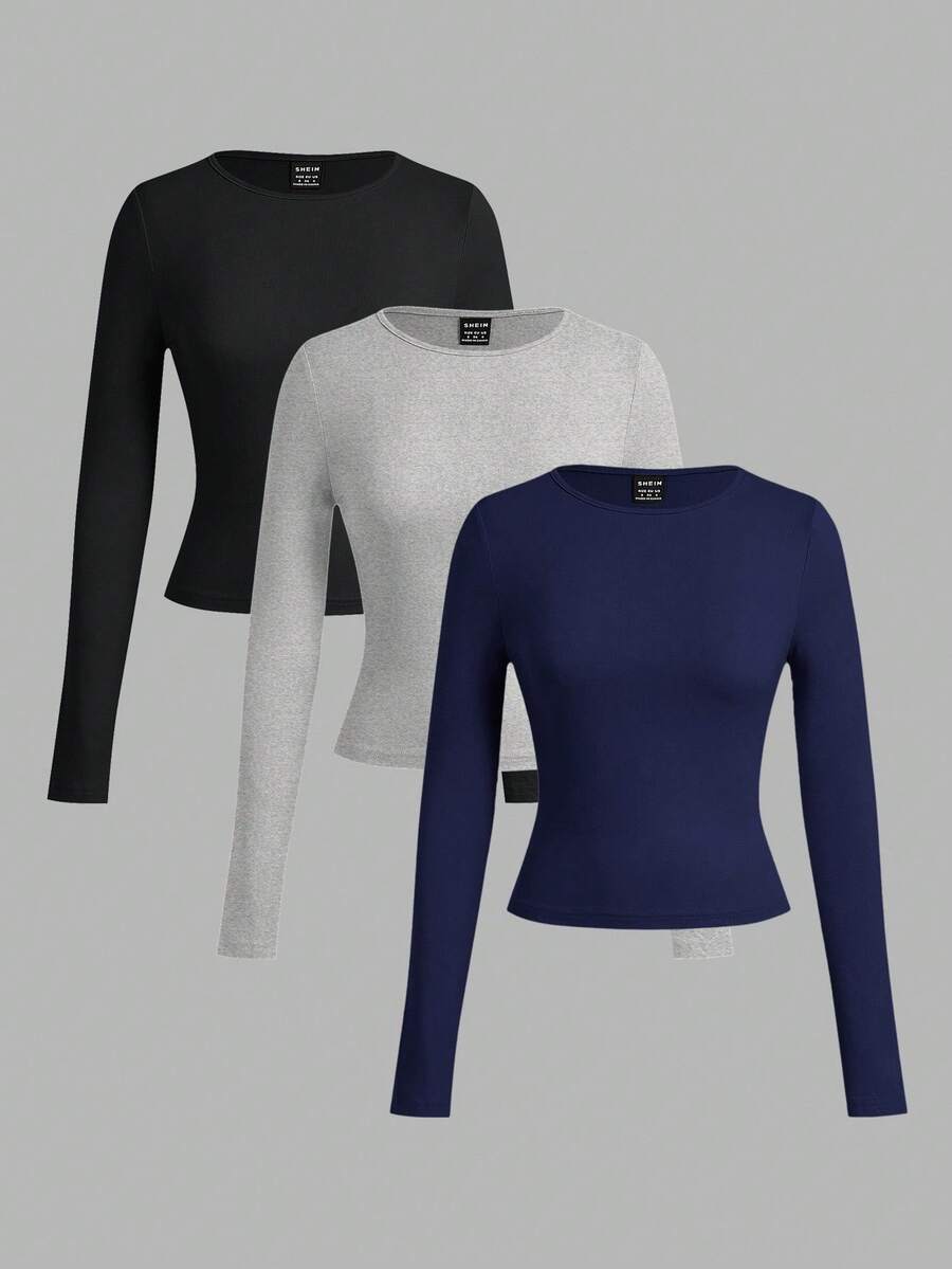 SHEIN EZwear 3 件套女士休闲宽领修身长袖 T 恤套装,适合秋冬季 - 彩色 - 查看 1