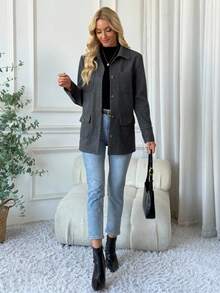 EMERY ROSE Women's Casual Loose Solid Color Long Sleeve Button Pocket Coats - Dark Grey - View 5