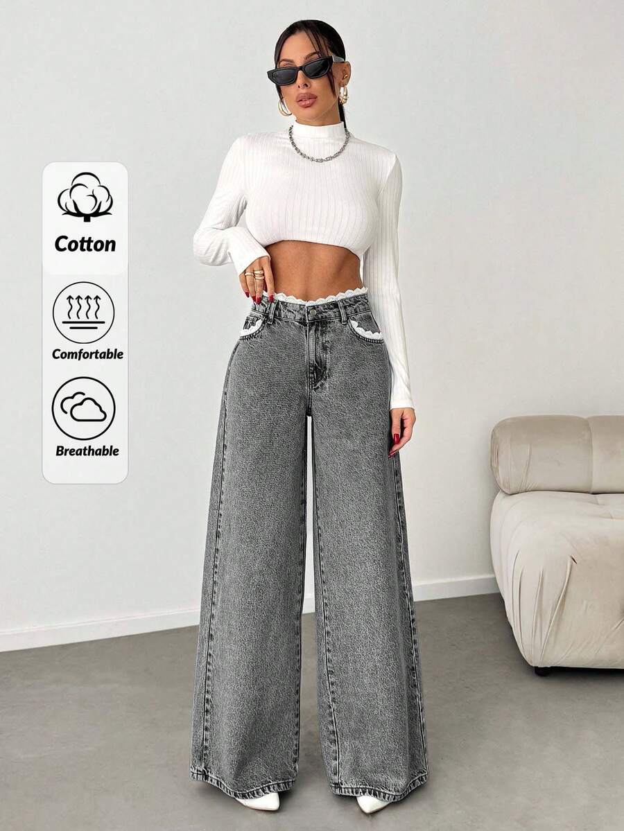 EURMUSE WOMEN DENIM WIDE LEG MID WAIST LACE BELT DETAIL JEANS - Grey - View 1