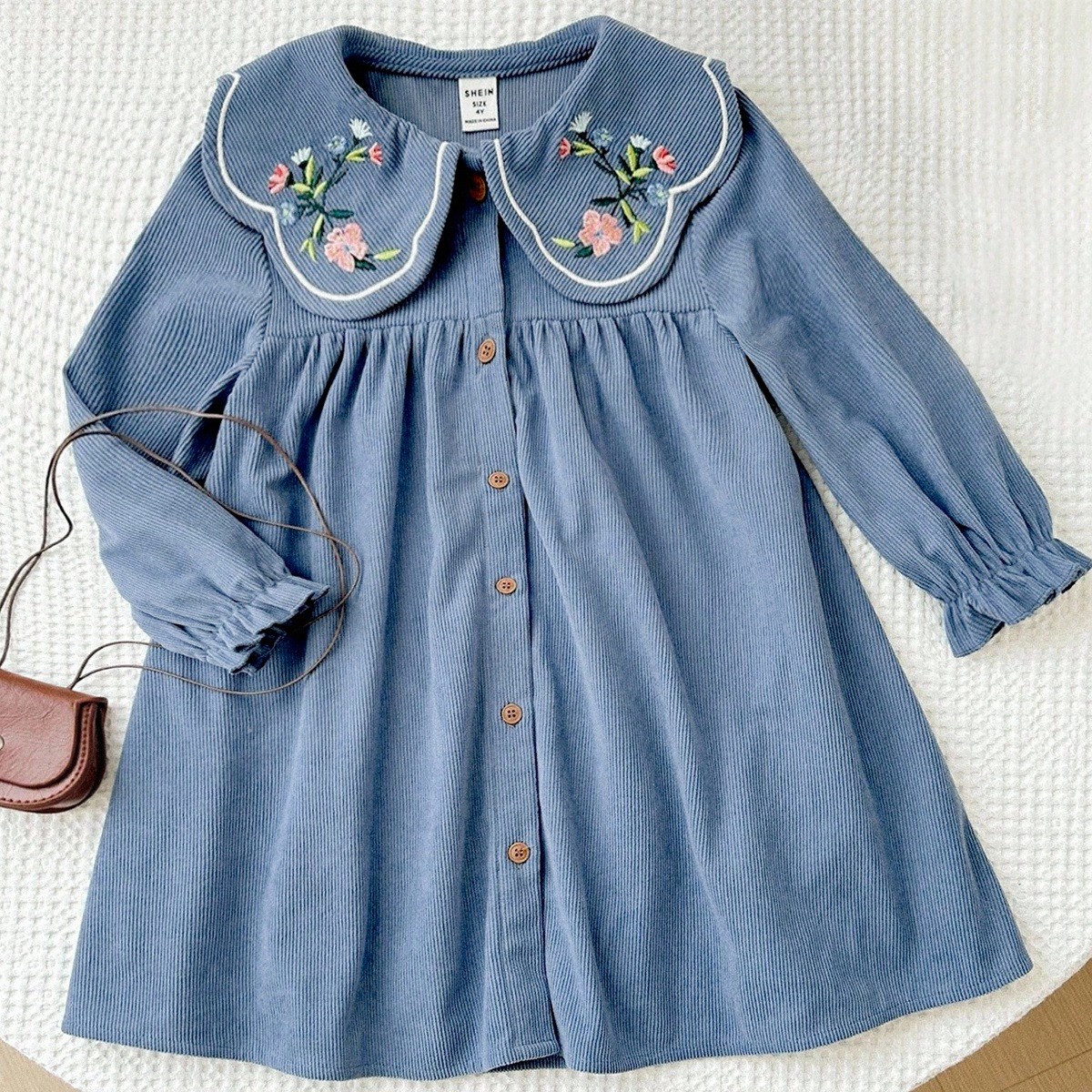 Vestido de pana azul para niña joven con cuello con volantes bordado con flores, manga larga, estilo hada, para regreso a clases, verano, escuela, ot