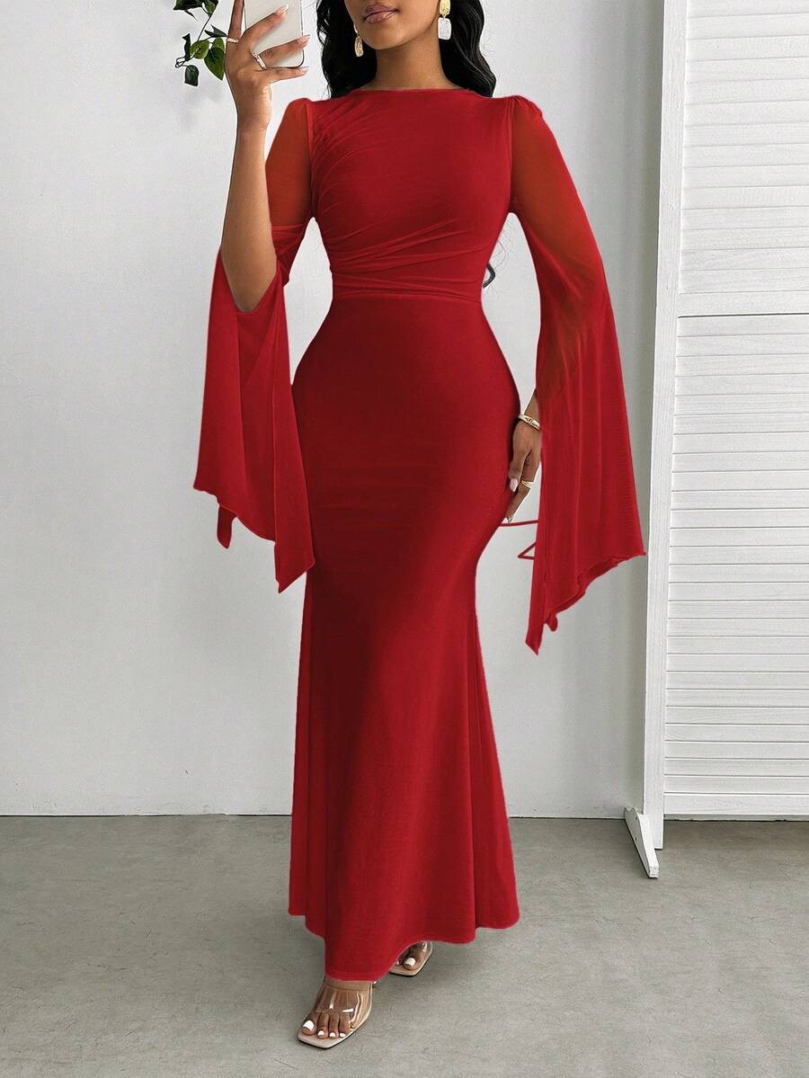 SHEIN Lady Đầm ôm body tay dài phối lưới màu trơn thanh lịch viền đuôi cá cho nữ - Màu Đỏ Sâu - Xem 1