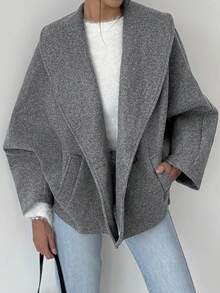 SHEIN 少女款纯色深灰色优雅大衣，适合秋冬季节，休闲日常穿着，长袖，返校季，秋冬季，母女装，时尚秋季外套，母女装，秋冬灰色女童外套 - 深灰色 - 查看 10