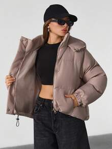 EURMUSE Drawstring Hem Hooded Drop Shoulder Quilted Women's Crop Down Jacket - Chocolate Brown - View 6