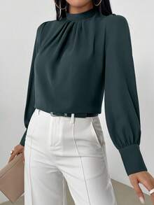 EMERY ROSE Blusa de mujer elegante de unicolor con cuello alto y manga larga - Verde Oscuro - Ver 5