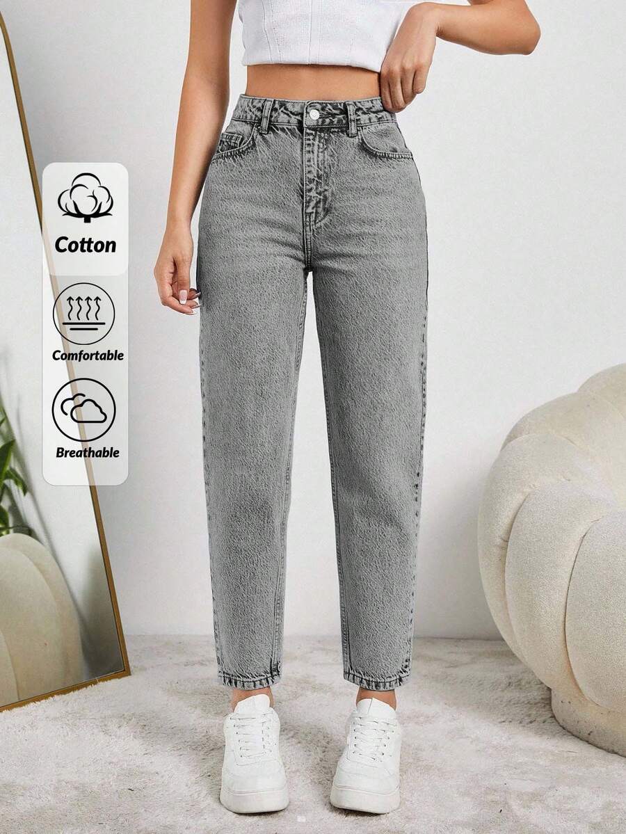 EURMUSE Quần jean cạp cao màu xanh nhạt cho mẹ - Xám - Xem 1