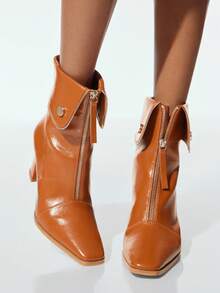 SHUZIA 女士日常休闲舒适尖头粗跟翻折踝靴 - 巧克力棕 - 查看 4