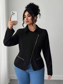 Elenzga Plus Size Fashionable Versatile Casual Solid Color Jacket - Black - View 3
