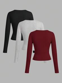 SHEIN EZwear Set de 3 camisetas de manga larga de cuello ancho y ajustadas de estilo casual para mujer, adecuadas para otoño/invierno - Multicolor - Ver 2