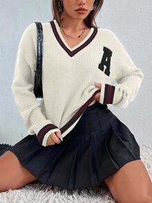 Chiquease Women's Casual Loose Letter Graphic Drop Shoulder Long Sleeve Pullover Sweater, Autumn/Winter