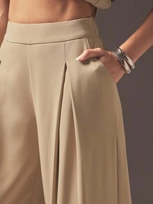 Hauture 性感夏季办公室休闲纯色舒适松紧腰带褶皱宽松阔腿裤 - 卡其色 - 查看 2