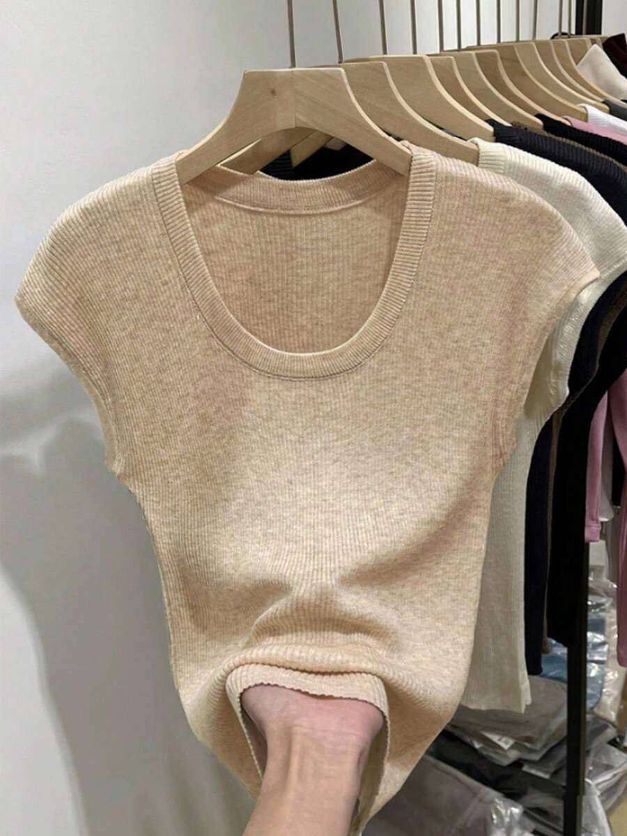 SHEIN 2025 Spring/Summer New Solid Color Oversized Round Neck Short Sleeve Knit Top Knit Pullover Fall Winter - Champagne - View 1