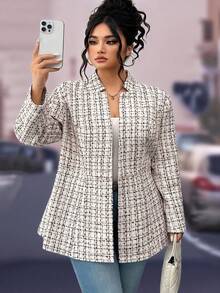 SHEIN CURVE+ 大码女式休闲粗花呢开襟羊毛衫 - 彩色 - 查看 3