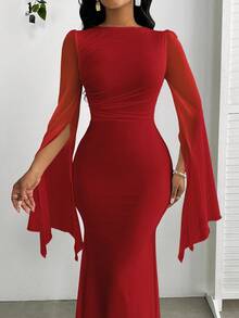 SHEIN Lady Đầm ôm body tay dài phối lưới màu trơn thanh lịch viền đuôi cá cho nữ - Màu Đỏ Sâu - Xem 6