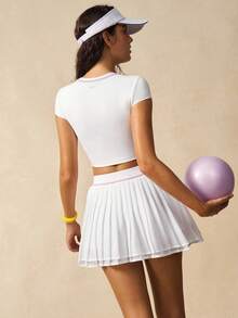VARSIVA Workout Women Sets Women's Contrast Trim Cropped Top And Pleated Mini Skirt Shorts Sports Suit White Two Piece Outfit Tennis Skirt Set