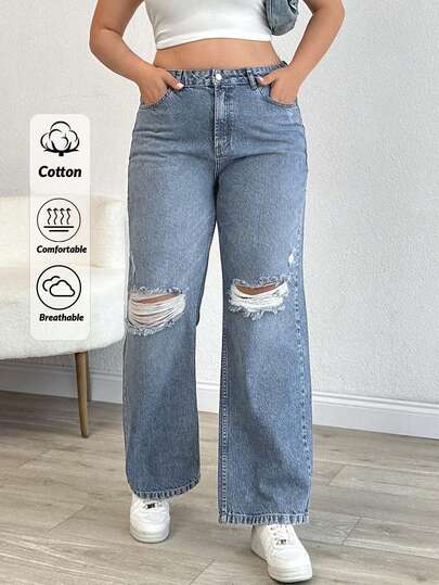 EURMUSE Blugi de damă cu talie înaltă, 100% bumbac, mărime mare, cu buzunare rupte până la genunchi, elastici, cu picior drept