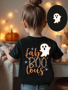 SHEIN Playful Pals 女婴万圣节南瓜、可爱鬼魂、不给糖就捣蛋、怪异小动物、恐怖季节、秋季氛围休闲创意图案印花短袖 T 恤 - 黑色 - 查看 3