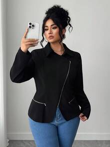 Elenzga Plus Size Fashionable Versatile Casual Solid Color Jacket - Black - View 1