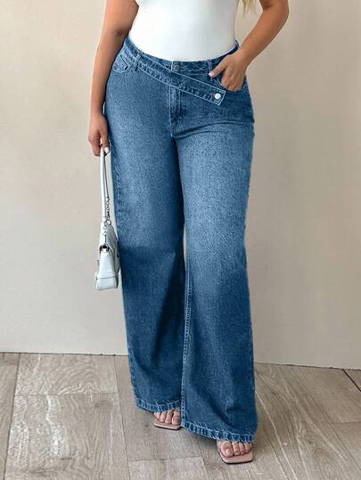 EURMUSE 100% Cotton Plus High Waist Asymmetric Belt Wide Leg Jean
