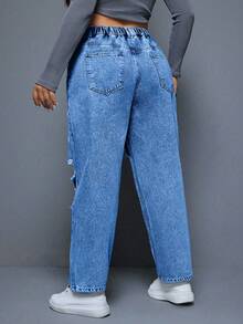 EURMUSE 大码女式休闲做旧纽扣口袋牛仔裤 - 淺色水洗藍 - 查看 2