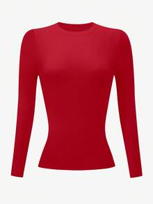 INAWLY Áo thun cổ tròn tay dài màu đỏ ôm sát dành cho nữ cỡ lớn - Đỏ - Xem 3