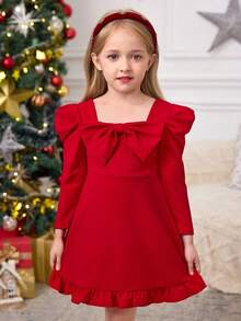 SHEIN 年轻女孩喇叭袖、羊腿袖、大领结红色圣诞礼服，适合日常穿着、休闲场合、优雅派对或生日派对，公主裙，圣诞节红色。 - 紅色 - 查看 5