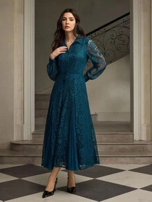 ZEYLAH Váy dài xếp ly ren chắp vá thanh lịch, Thu/Đông - Màu xanh ngọc - Xem 4