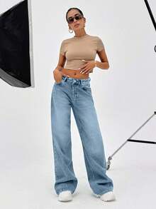 SHEIN Tall 100% Cotton LOW RISE WIDELEG CUT VINTAGE WASH Y2K BAGGY JEANS TALL - Baby Blue - View 6
