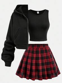 SHEIN Girlism 3 件套青少年女孩黑色连帽拉链运动衫、针织背心和褶皱格子裙，休闲校园/日常装 - 紅色 - 查看 14