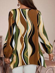 EMERY ROSE Plus Size Women's Black And Gold Wave Striped Crew Neck Long Sleeve Asymmetric Hem Blouse,Autumn Boho Vacation Country Style Fall Winter Clothes - Multicolor - View 2