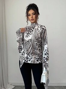Elenzga 女士优雅时尚通勤休闲舒适迷人复古长袖立领直筒动物印花衬衫（随机印花） - 黑色 - 查看 6