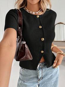 Siren Gaze Casual Solid Color Slim Fit Short Sleeve Button-Up Cardigan For Women,Fall Black Summer - Black - View 5