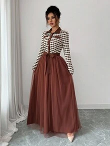 Elenzga Váy dài tay chữ A chất liệu lưới tương phản lãng mạn thanh lịch dành cho nữ - Nhiều màu - Xem 6