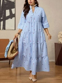 Zelara 大码女装秋冬连衣裙女万圣节服装秋季白蓝条纹V领七分袖宽松长裙 - 彩色 - 查看 5