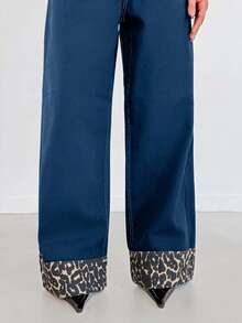 EURMUSE Women's Straight Comfortable Breathable Loose High Rise Wide Leg Jeans With Leopard Print - Dark Wash - View 6
