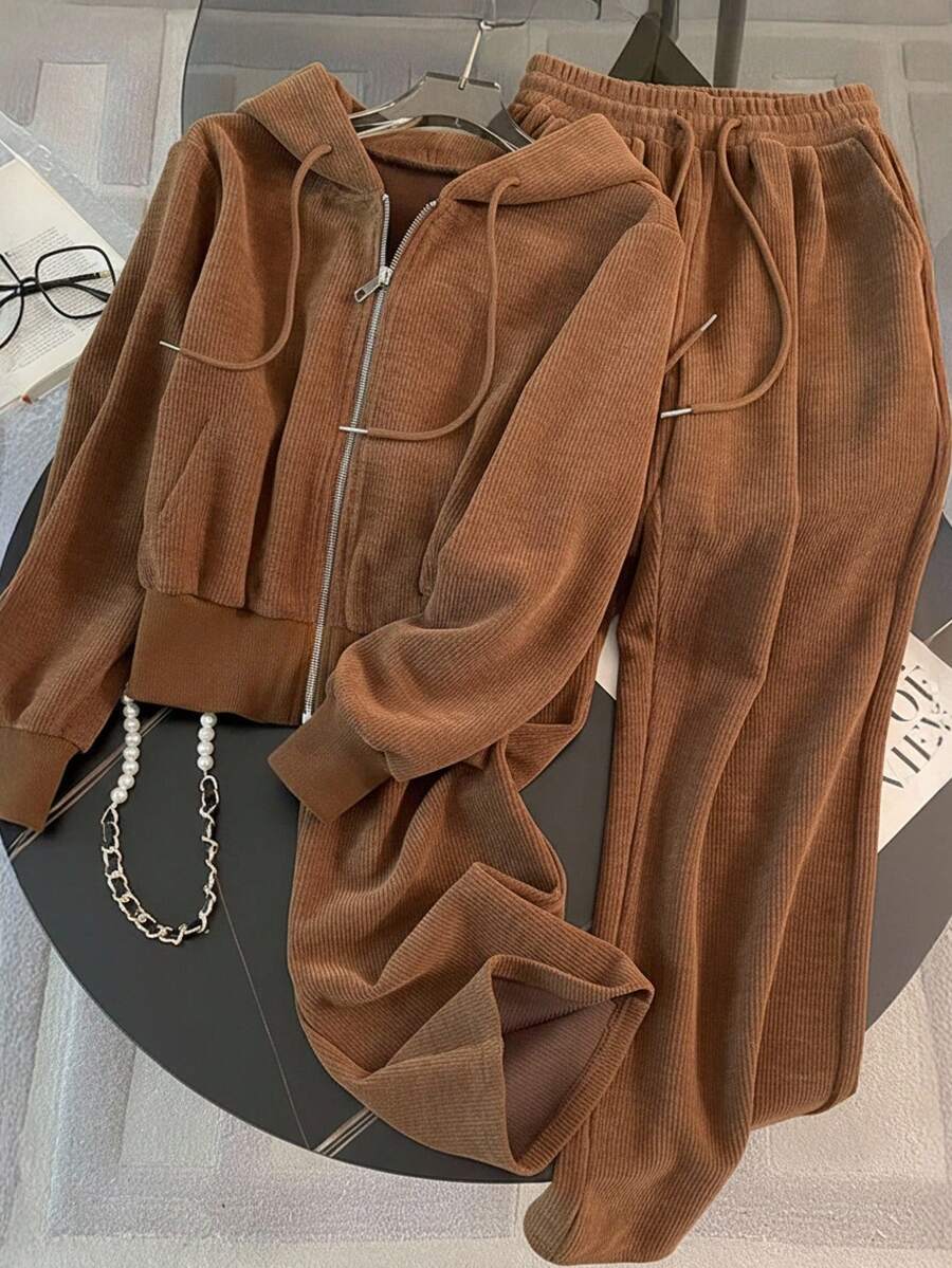 Franclia 2pcs/Set Commuter Style Hooded Zip-Up Sweatshirt, Gift For Friends - Brown - View 1