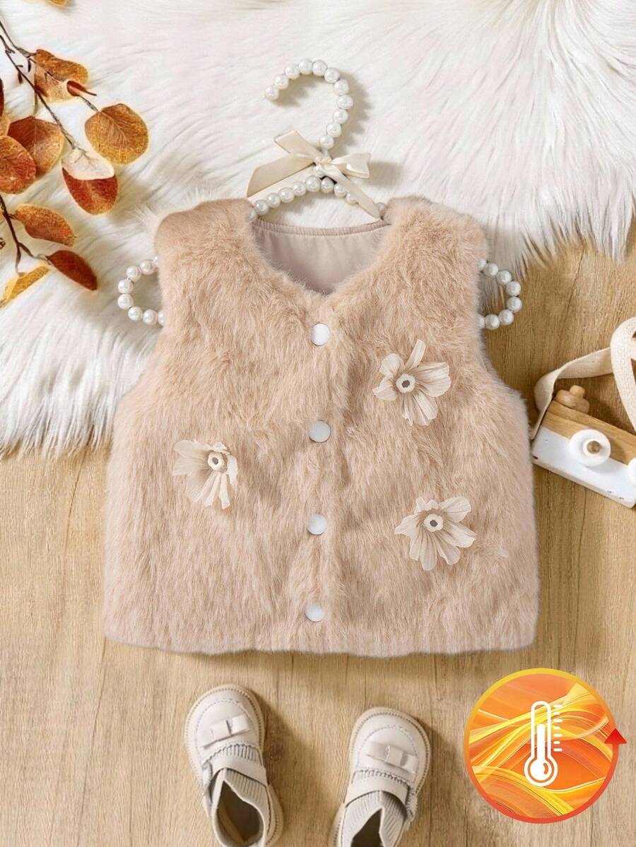 SHEIN Chaleco sin mangas con forro térmico, decorado con flores y moños, para niñas, otoño/invierno