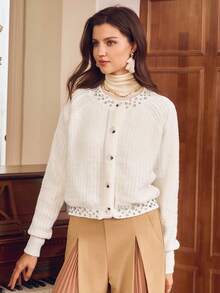 SHEIN Clasi Women's Fashion Casual Embellished Collar & Hem Single-Breasted Shiny Knit Cardigan, Suitable For Christmas, New Year, Thanksgiving Gift - White - View 4