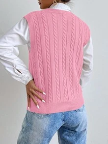 Chiquease Casual Versatile Solid Color V-Neck Women Sweater Vests - Pink - View 2