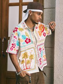 AXEPEAK 时尚街头风格男士花卉印花短袖衬衫 - 彩色 - 查看 6