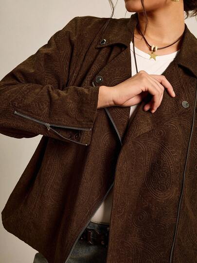 SHEIN LUNE Plus-Size Women's Thanksgiving For Women Brown Elegant For Women Suede Fabric Jacket Christmas Women's For Women In Autumn And Winter Thickened For Warmth Jacket Elegant For Women Women's Turndown Collar Long Sleeve Zip-Up Casual Brown Halloween Jacket Winter Christmas For Women Jacket