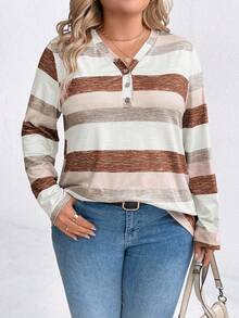 Plus Size Colorblock Striped Long Sleeve T-Shirt, Casual For Autumn Tees Women Tops For Spring - Khaki - View 1