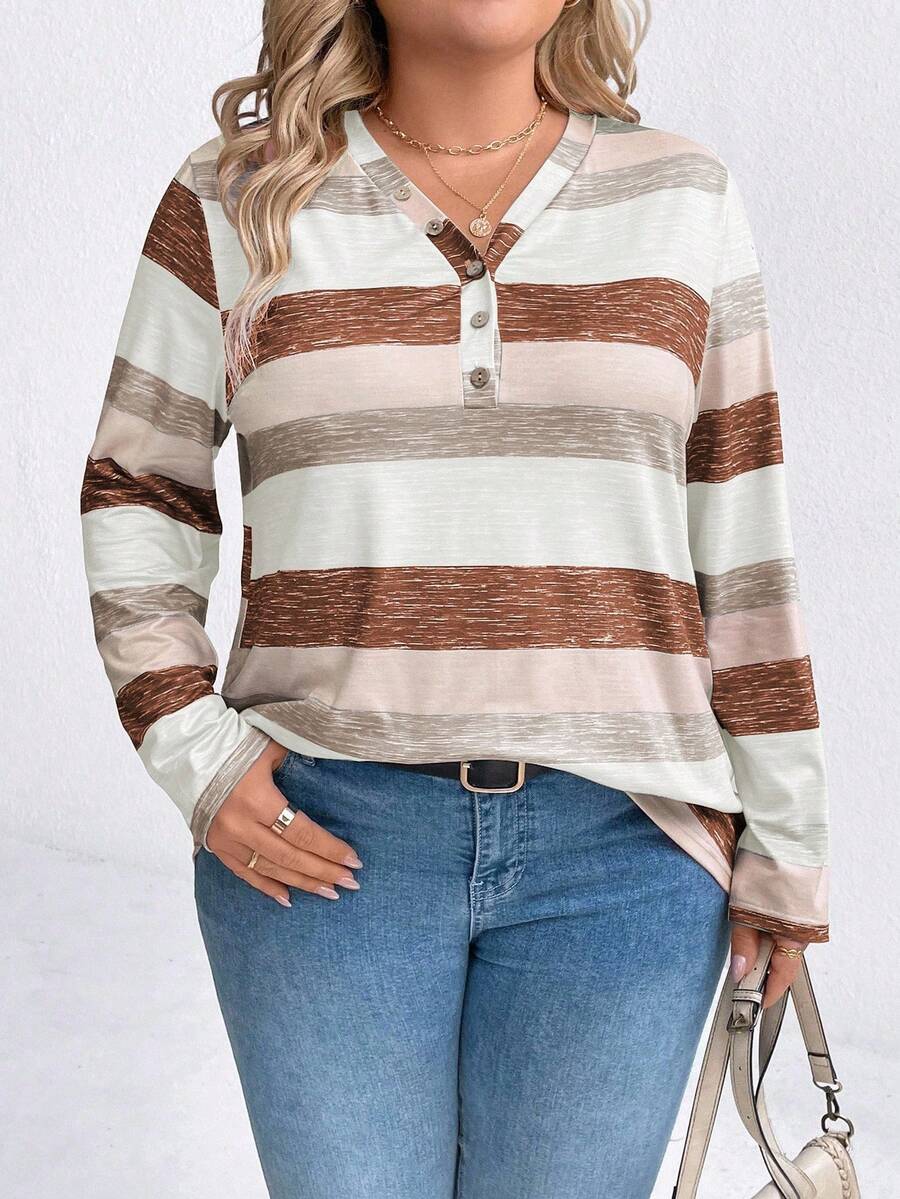 Plus Size Colorblock Striped Long Sleeve T-Shirt, Casual For Autumn Tees Women Tops For Spring - Khaki - View 1
