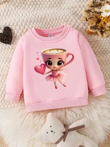 SHEIN Girls Casual Fashionable Creative Cartoon Cup Ballet Girl Heart Graphic Print Basic Crew Neck Sweatshirt Ballerina Sweatshirt Pink Sweatshirt For Girls Graphic Sweatshirt For Kids Girls Sweatshirts For Kids Fall Winter