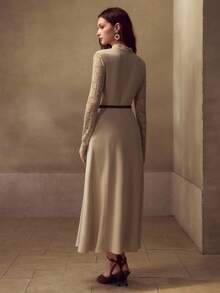 MOTF AUTUMN/WINTER ELASTIC CONTRAST LACE WOVEN FABRIC DRESS, WITH SMALL STAND COLLAR RUFFLE TRIM, ELEGANT RUFFLED SLEEVE HEM, SLIT HEM DRESS, FLATTERING WAISTLINE, FRENCH ROMANTIC MIDI DRESS FOR WOMEN - Khaki - View 3