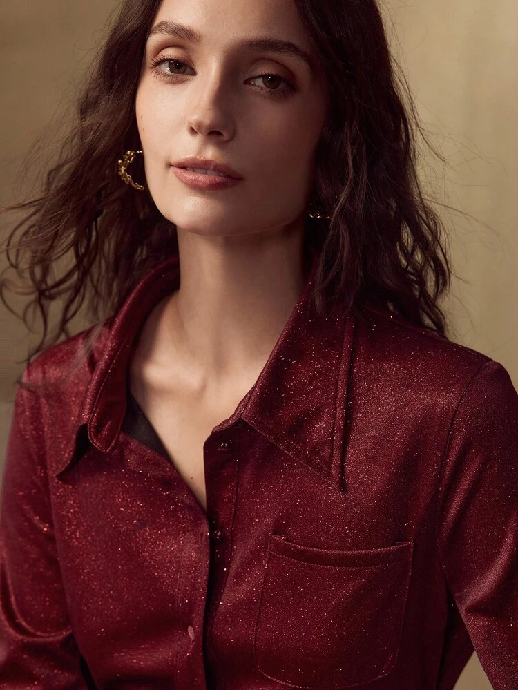 BURGUNDY SHINY ACCENT WOMEN'S ELEGANT BLOUSE