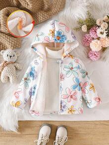SHEIN Veste à capuche vintage à fleurs pour bébés filles, fermeture éclair, doublure thermique, vêtement d'extérieur décontracté et pour l'automne et l'hiver - Multicolore - Voir 3