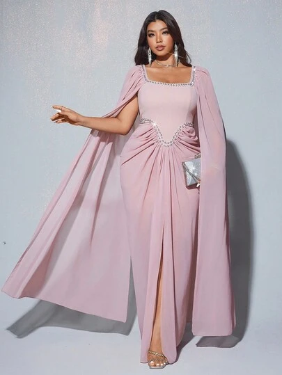 Viva Relle Plus Size Women's Elegant Romantic Luxurious Banquet Party Wedding Guest Chiffon Lantern Sleeve Round Neck Diamond Decor Flowing Maxi Dress (Random Rhinestone Embellished)