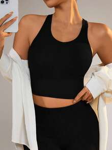 Rhythm Era 1pc Women Plus Size Seamless Criss-Cross Back Yoga Workout Tank Top,Black Summer Athletic Pilates Fitness Running Base Layer Sports Mesh Top - Black - View 3