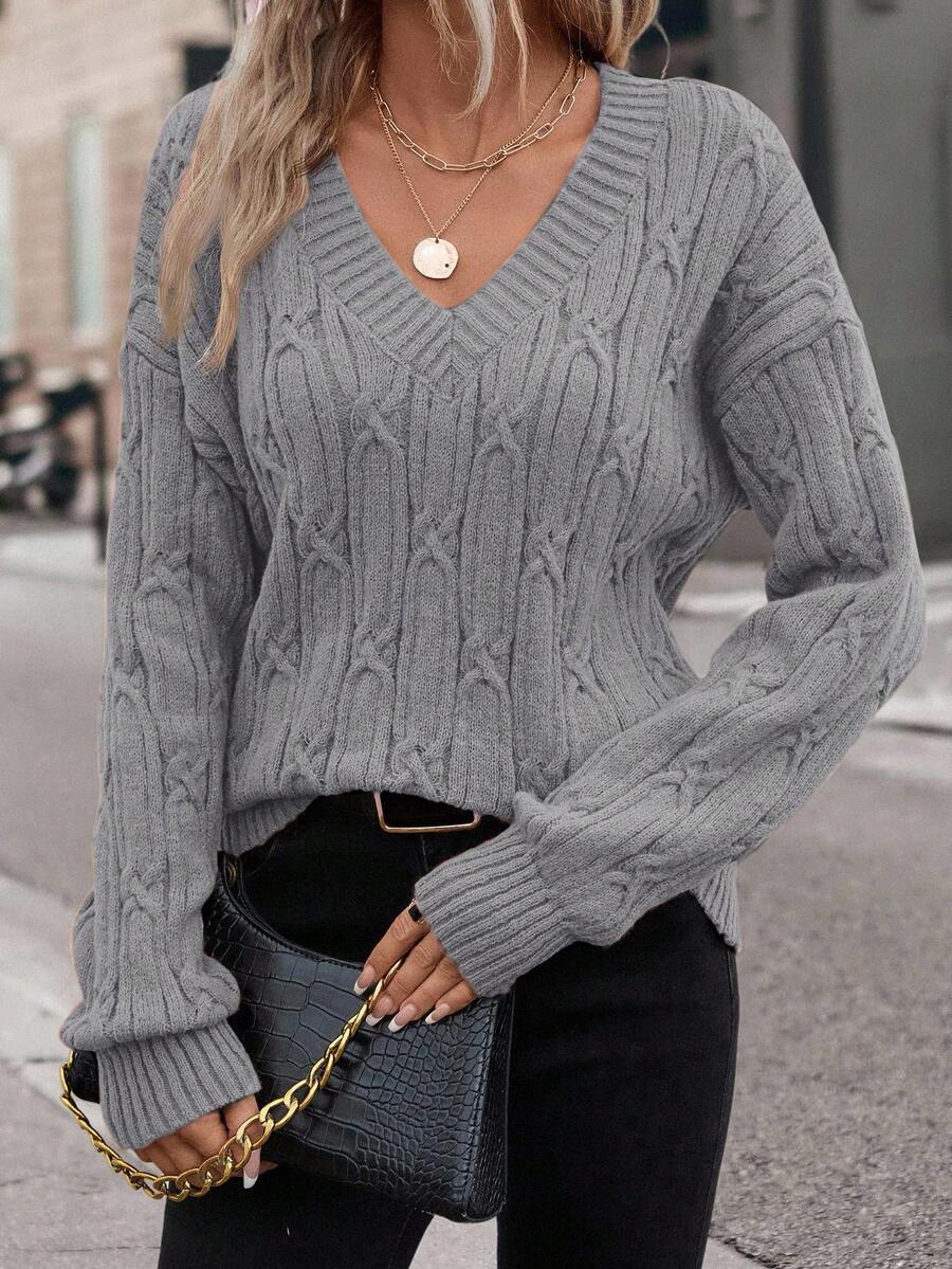 EMERY ROSE Plus Size Casual Loose-Fitting V-Neck Sweater With Twisted Knit For Warmth, Suitable For Winter, Vacation, Parties, Music Festivals, Home Wear, Back-To-School Events, As A Gift, And For Shopping. - Dark Grey - View 1